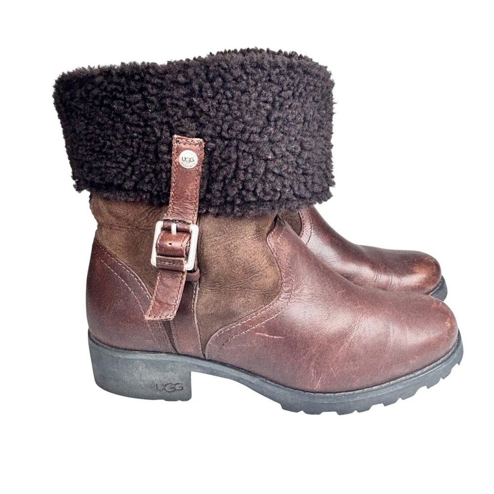 UGG Bellevue Sheepskin Foldover Boots Brown Leather Suede Shearling Buckle Sz 8